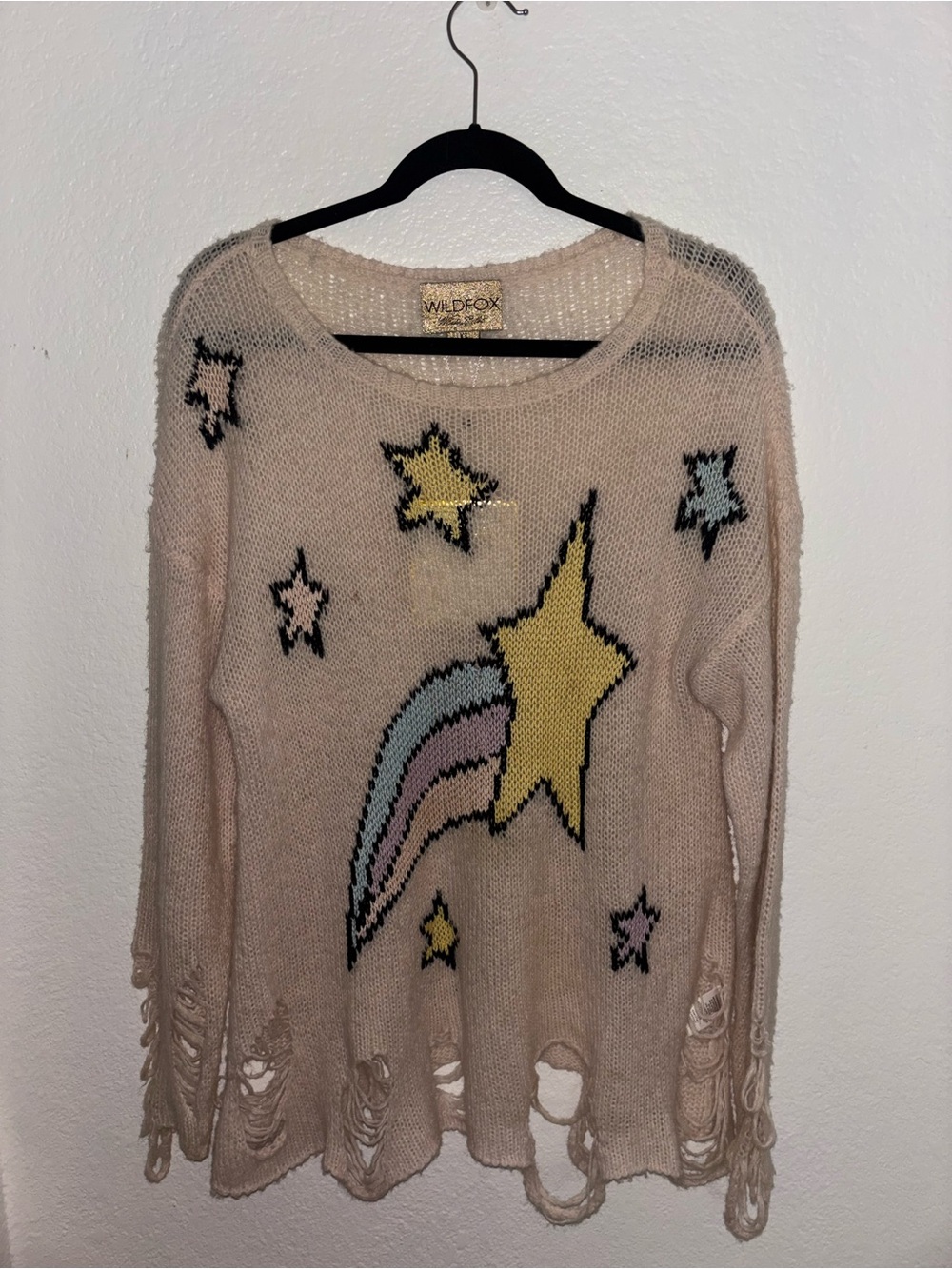 Wildfox White Label Pink Starry Distressed Knit Sweater NWT